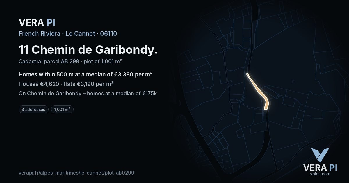 11 Chemin de Garibondy, Le Cannet at night – the plot lit, the parcels around coloured by the prices near them
