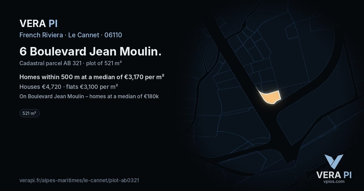 6 Boulevard Jean Moulin, Le Cannet at night – the plot lit, the parcels around coloured by the prices near them