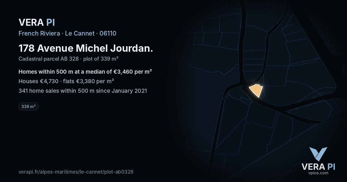 178 Avenue Michel Jourdan, Le Cannet at night – the plot lit, the parcels around coloured by the prices near them