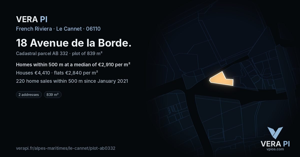 18 Avenue de la Borde, Le Cannet at night – the plot lit, the parcels around coloured by the prices near them