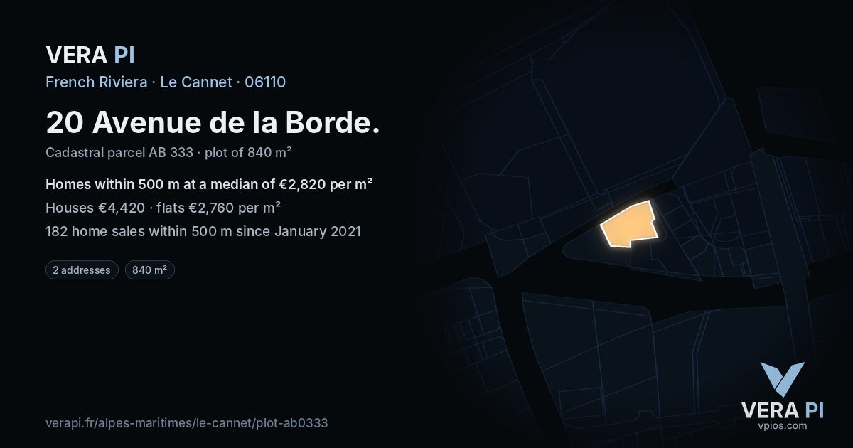 20 Avenue de la Borde, Le Cannet at night – the plot lit, the parcels around coloured by the prices near them