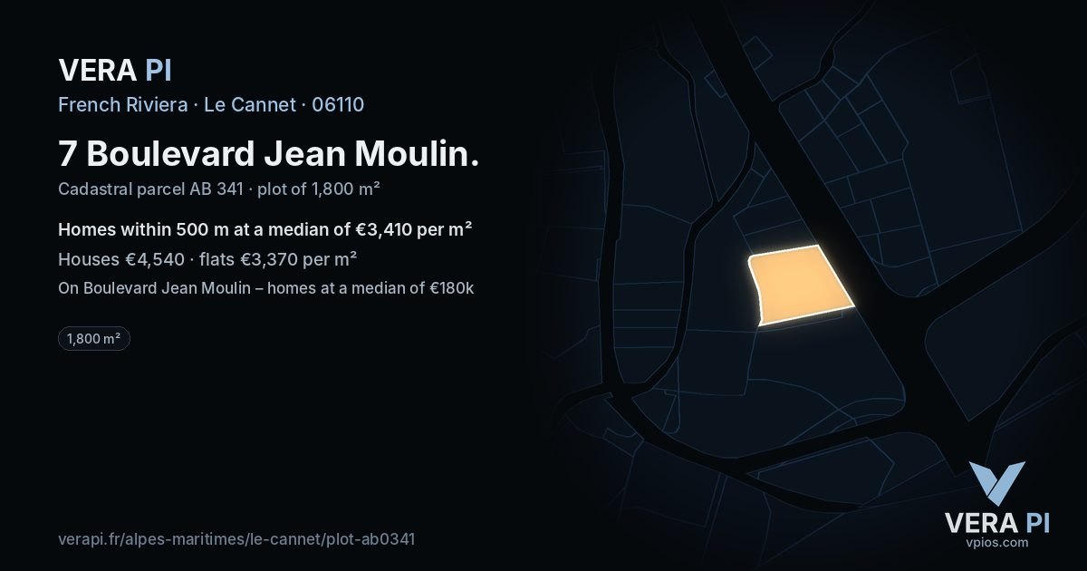 7 Boulevard Jean Moulin, Le Cannet at night – the plot lit, the parcels around coloured by the prices near them