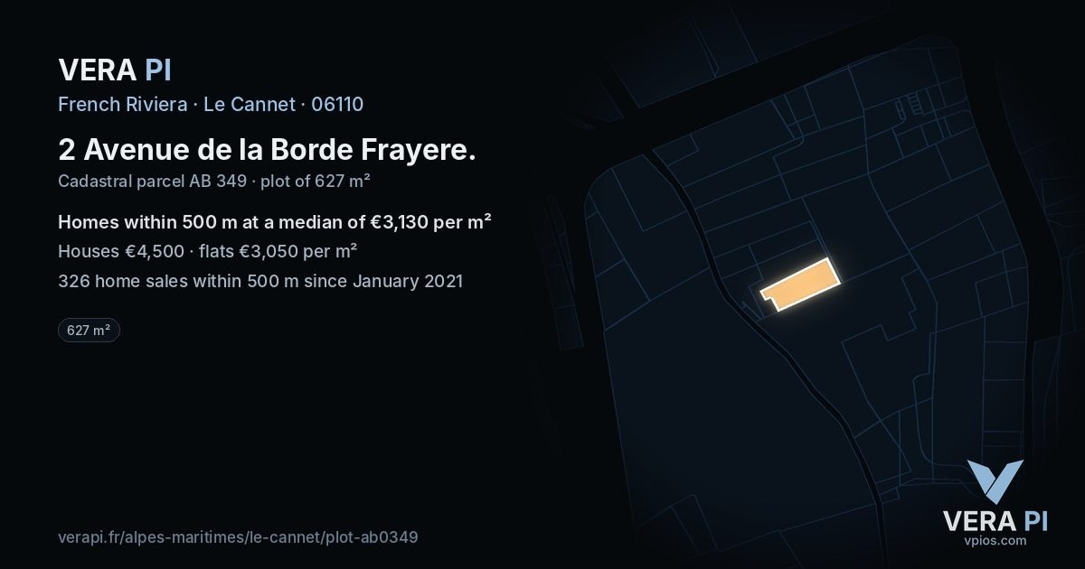 2 Avenue de la Borde Frayere, Le Cannet at night – the plot lit, the parcels around coloured by the prices near them