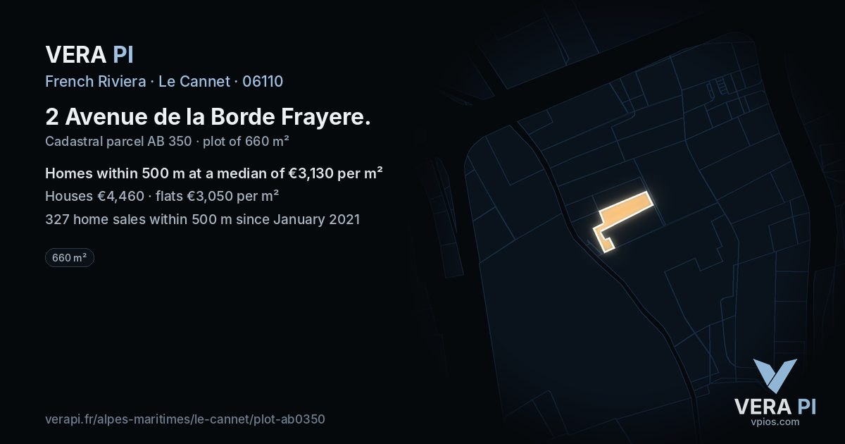 2 Avenue de la Borde Frayere, Le Cannet at night – the plot lit, the parcels around coloured by the prices near them