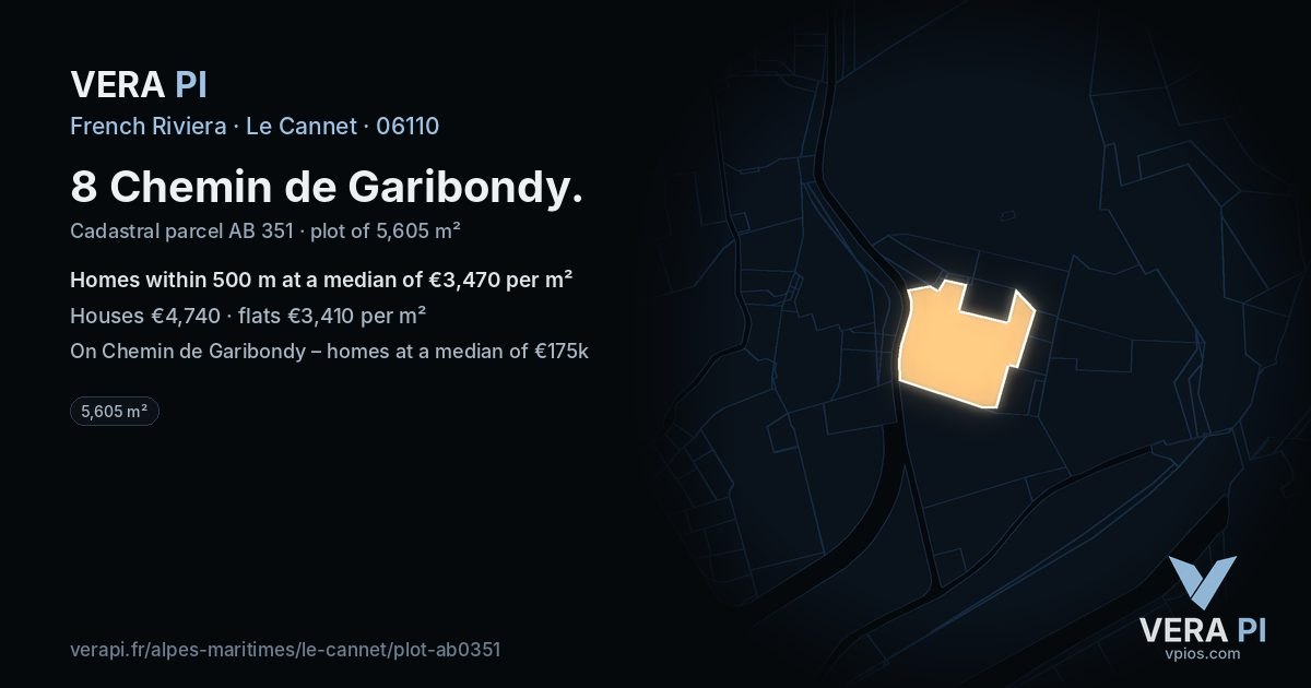 8 Chemin de Garibondy, Le Cannet at night – the plot lit, the parcels around coloured by the prices near them