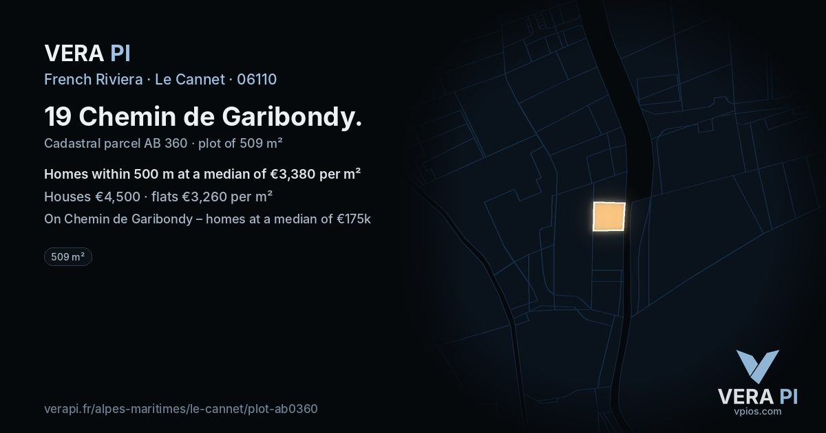 19 Chemin de Garibondy, Le Cannet at night – the plot lit, the parcels around coloured by the prices near them