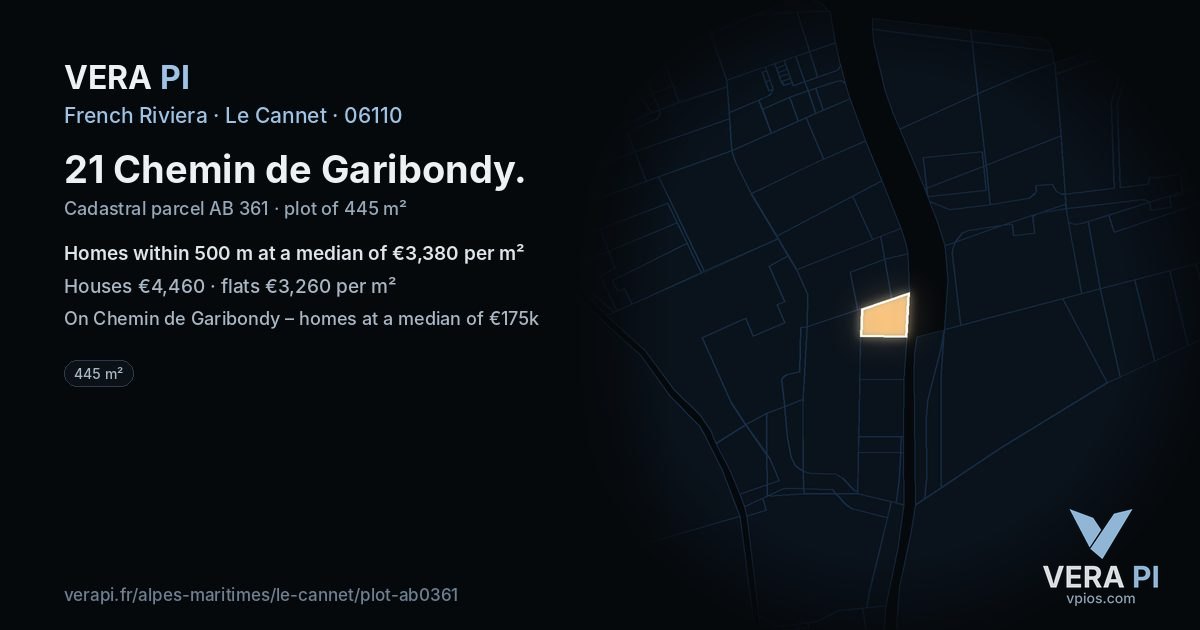 21 Chemin de Garibondy, Le Cannet at night – the plot lit, the parcels around coloured by the prices near them