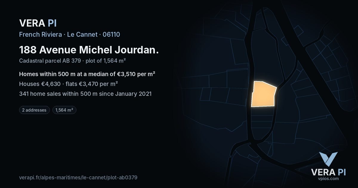 188 Avenue Michel Jourdan, Le Cannet at night – the plot lit, the parcels around coloured by the prices near them