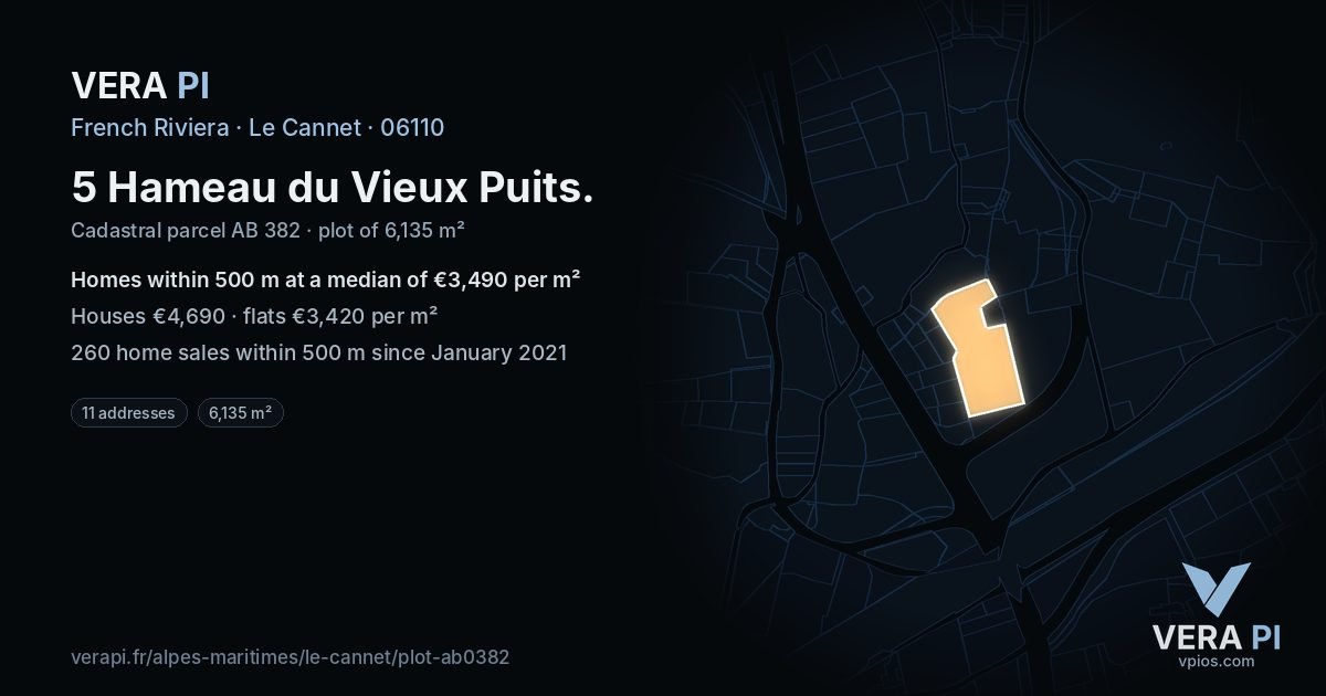 5 Hameau du Vieux Puits, Le Cannet at night – the plot lit, the parcels around coloured by the prices near them