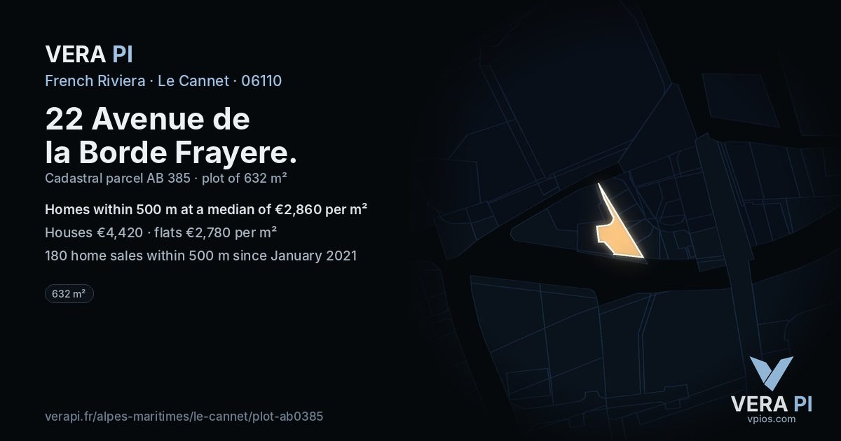 22 Avenue de la Borde Frayere, Le Cannet at night – the plot lit, the parcels around coloured by the prices near them