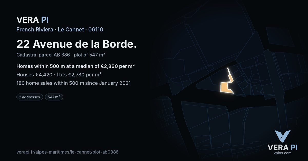 22 Avenue de la Borde, Le Cannet at night – the plot lit, the parcels around coloured by the prices near them
