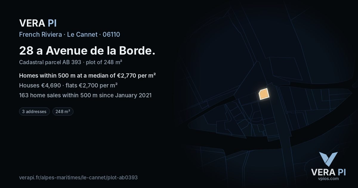 28 a Avenue de la Borde, Le Cannet at night – the plot lit, the parcels around coloured by the prices near them