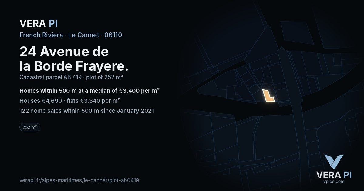 24 Avenue de la Borde Frayere, Le Cannet at night – the plot lit, the parcels around coloured by the prices near them