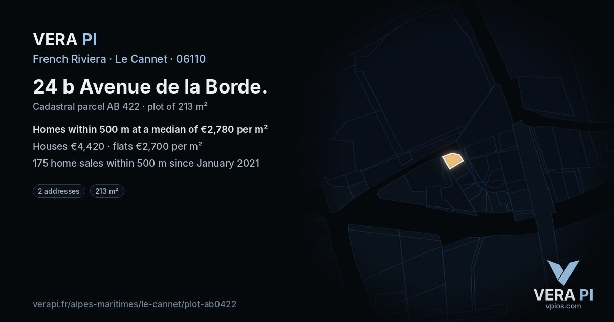 24 b Avenue de la Borde, Le Cannet at night – the plot lit, the parcels around coloured by the prices near them