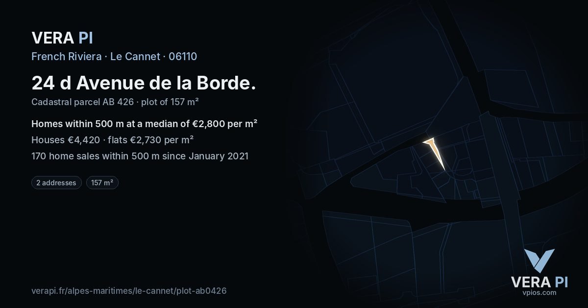 24 d Avenue de la Borde, Le Cannet at night – the plot lit, the parcels around coloured by the prices near them