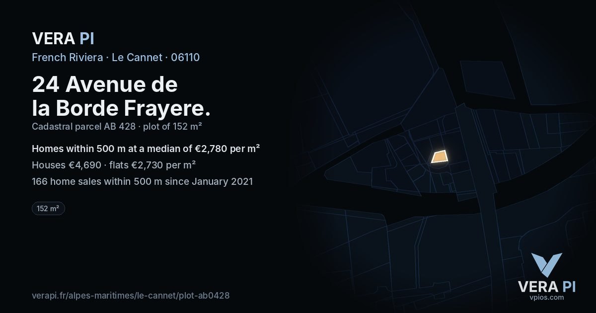 24 Avenue de la Borde Frayere, Le Cannet at night – the plot lit, the parcels around coloured by the prices near them