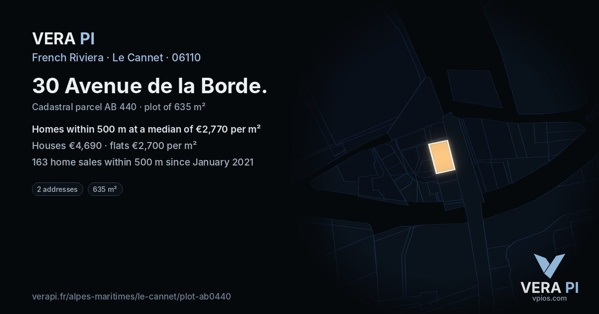 30 Avenue de la Borde, Le Cannet at night – the plot lit, the parcels around coloured by the prices near them