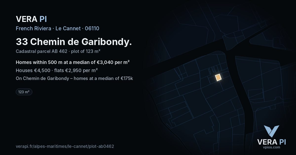 33 Chemin de Garibondy, Le Cannet at night – the plot lit, the parcels around coloured by the prices near them