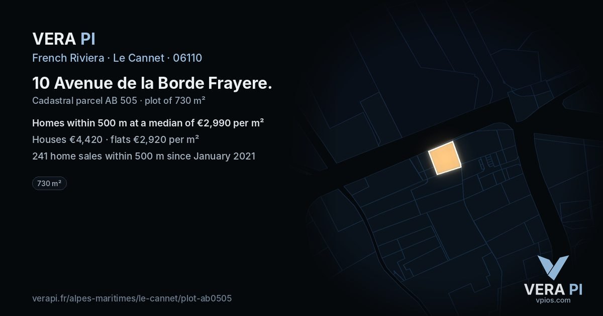 10 Avenue de la Borde Frayere, Le Cannet at night – the plot lit, the parcels around coloured by the prices near them