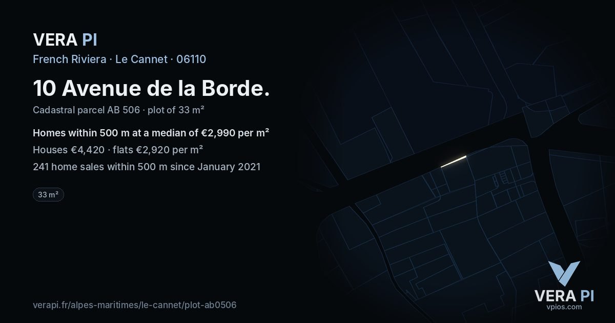 10 Avenue de la Borde, Le Cannet at night – the plot lit, the parcels around coloured by the prices near them