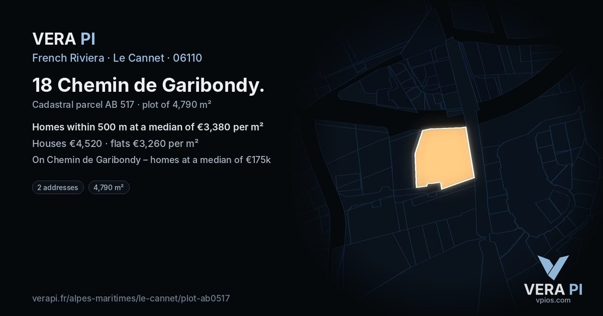 18 Chemin de Garibondy, Le Cannet at night – the plot lit, the parcels around coloured by the prices near them