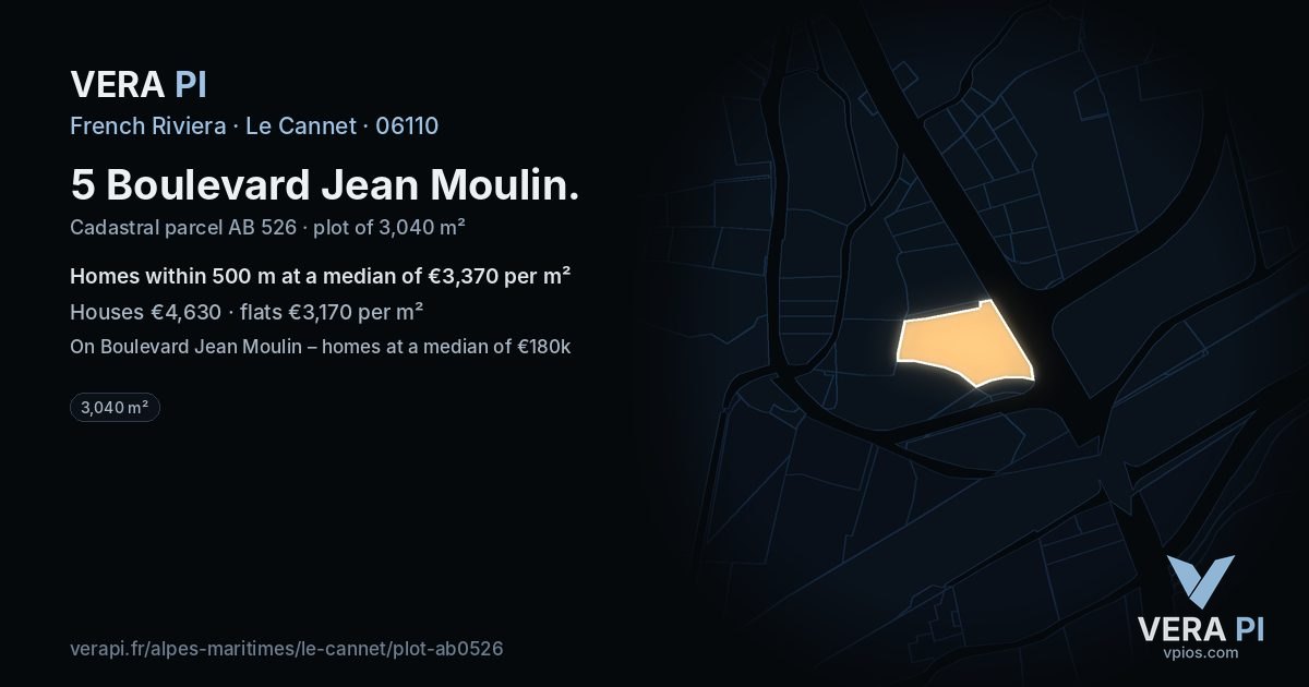 5 Boulevard Jean Moulin, Le Cannet at night – the plot lit, the parcels around coloured by the prices near them