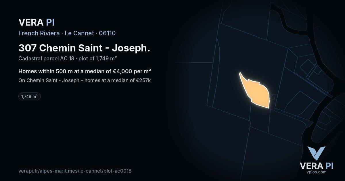 307 Chemin Saint - Joseph, Le Cannet at night – the plot lit, the parcels around coloured by the prices near them