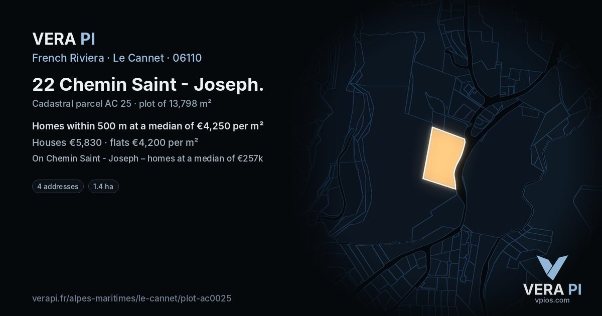 22 Chemin Saint - Joseph, Le Cannet at night – the plot lit, the parcels around coloured by the prices near them