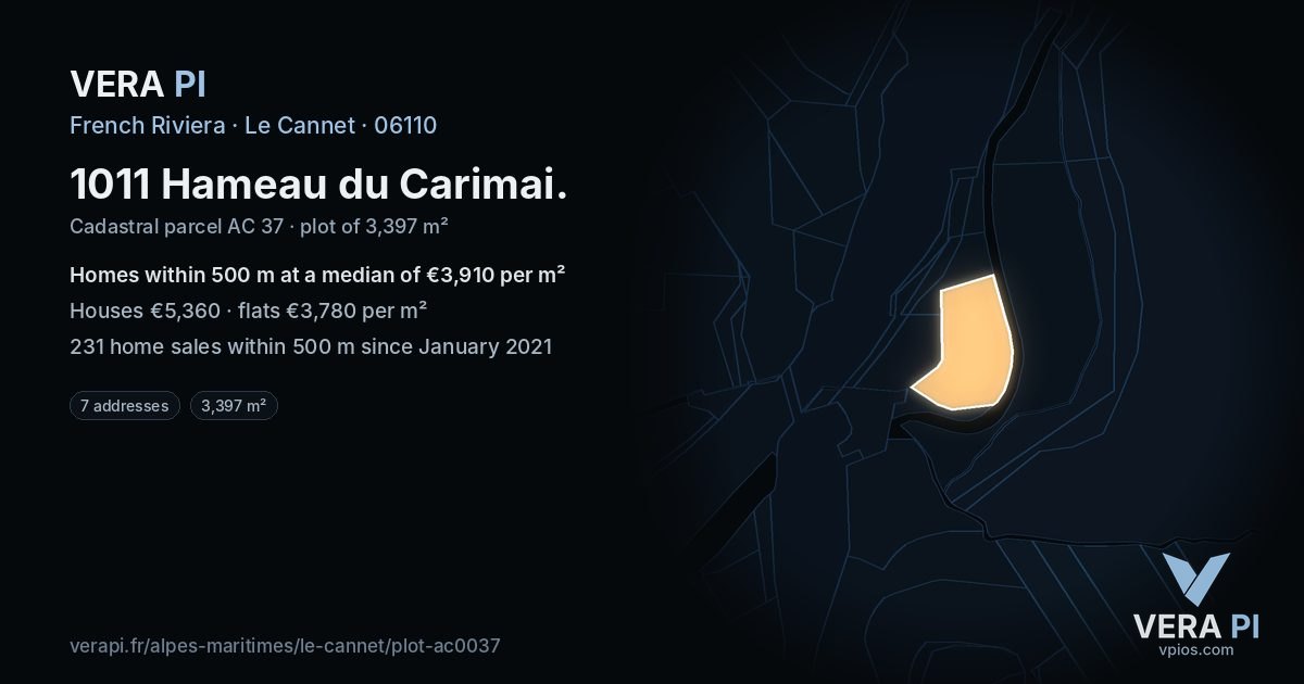 1011 Hameau du Carimai, Le Cannet at night – the plot lit, the parcels around coloured by the prices near them