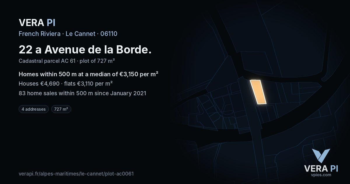22 a Avenue de la Borde, Le Cannet at night – the plot lit, the parcels around coloured by the prices near them