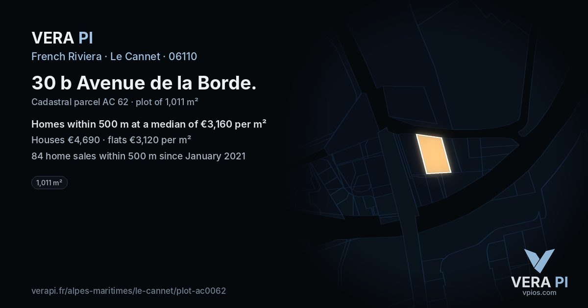 30 b Avenue de la Borde, Le Cannet at night – the plot lit, the parcels around coloured by the prices near them