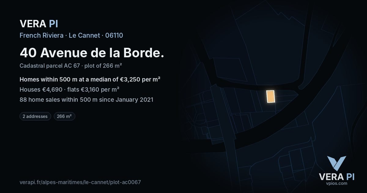 40 Avenue de la Borde, Le Cannet at night – the plot lit, the parcels around coloured by the prices near them