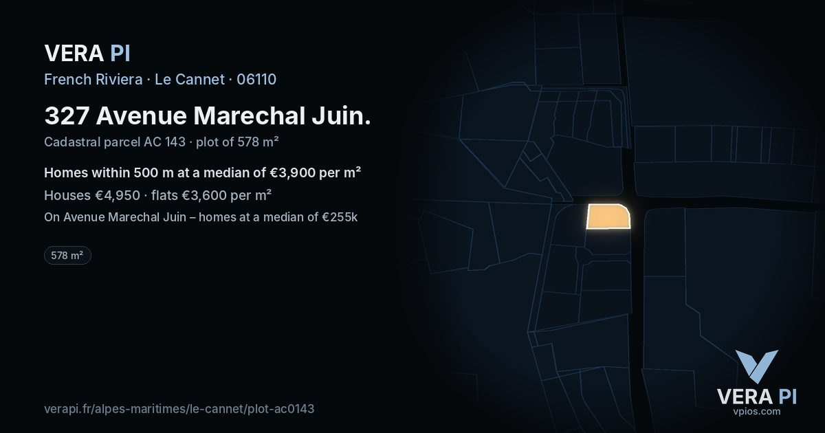 327 Avenue Marechal Juin, Le Cannet at night – the plot lit, the parcels around coloured by the prices near them