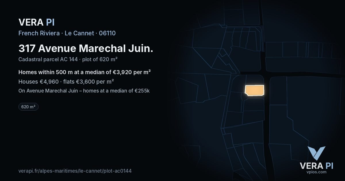 317 Avenue Marechal Juin, Le Cannet at night – the plot lit, the parcels around coloured by the prices near them