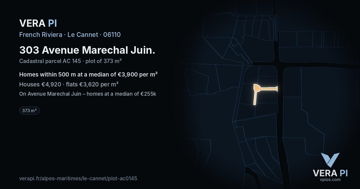 303 Avenue Marechal Juin, Le Cannet at night – the plot lit, the parcels around coloured by the prices near them