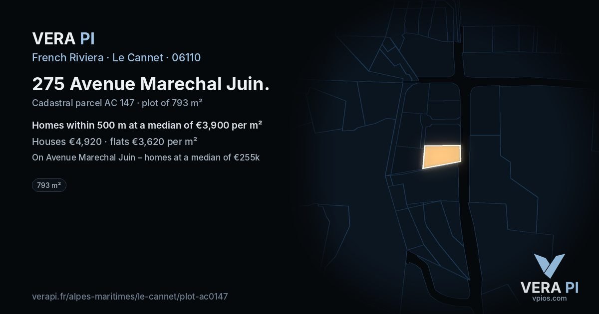 275 Avenue Marechal Juin, Le Cannet at night – the plot lit, the parcels around coloured by the prices near them
