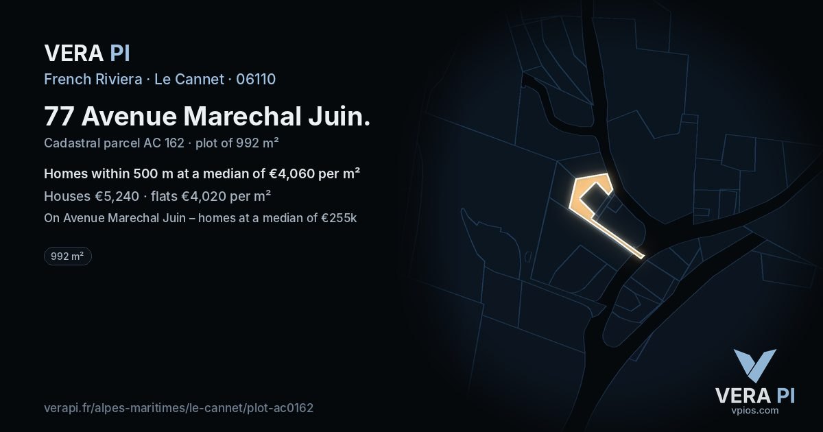 77 Avenue Marechal Juin, Le Cannet at night – the plot lit, the parcels around coloured by the prices near them