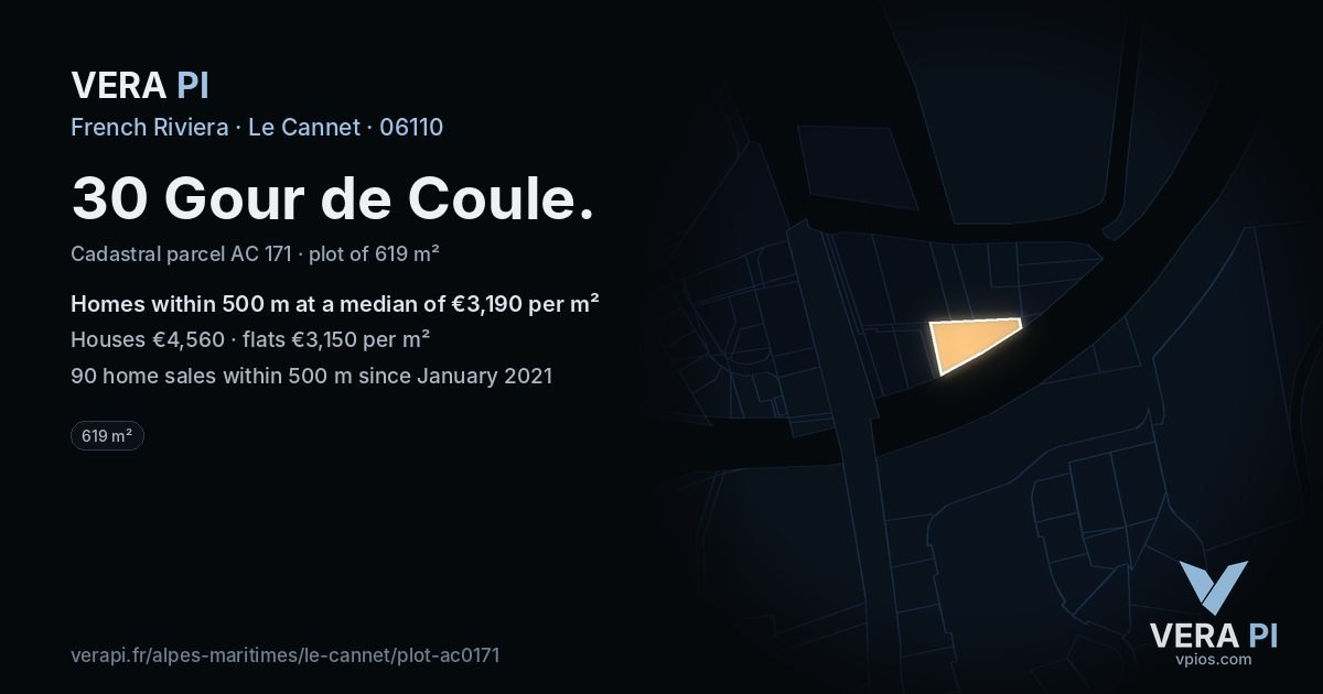 30 Gour de Coule, Le Cannet at night – the plot lit, the parcels around coloured by the prices near them