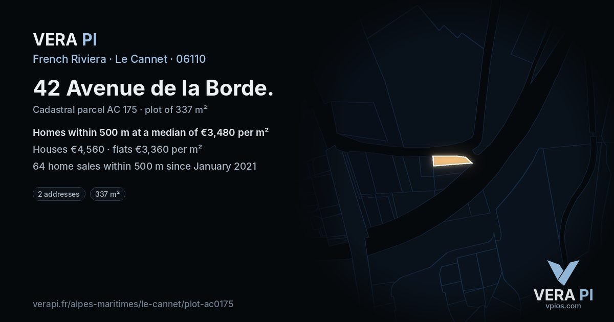 42 Avenue de la Borde, Le Cannet at night – the plot lit, the parcels around coloured by the prices near them