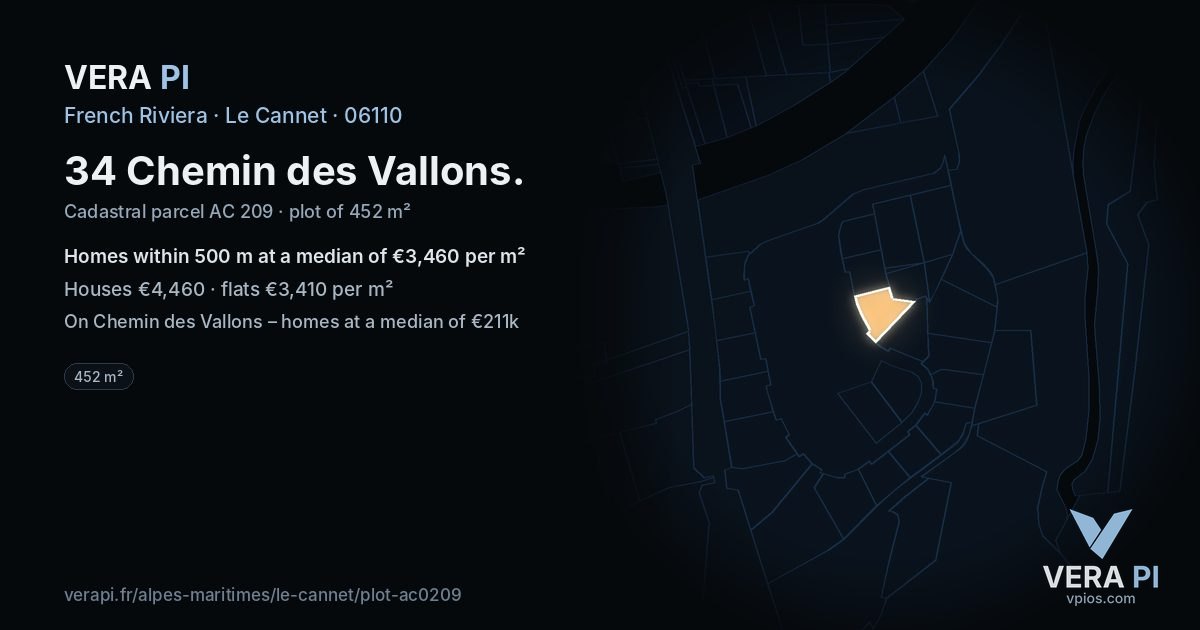 34 Chemin des Vallons, Le Cannet at night – the plot lit, the parcels around coloured by the prices near them