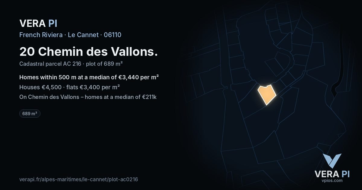 20 Chemin des Vallons, Le Cannet at night – the plot lit, the parcels around coloured by the prices near them