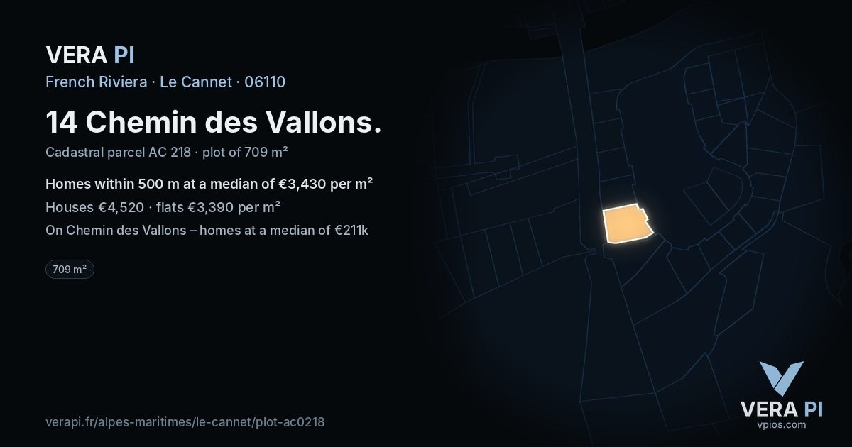 14 Chemin des Vallons, Le Cannet at night – the plot lit, the parcels around coloured by the prices near them
