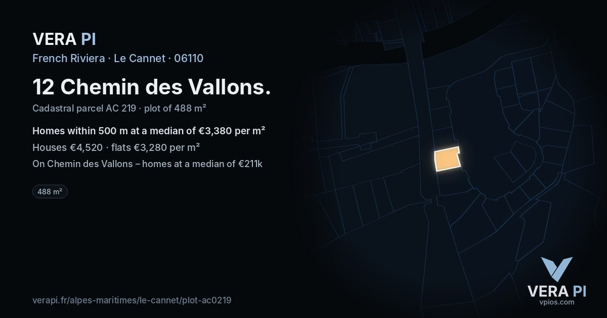 12 Chemin des Vallons, Le Cannet at night – the plot lit, the parcels around coloured by the prices near them