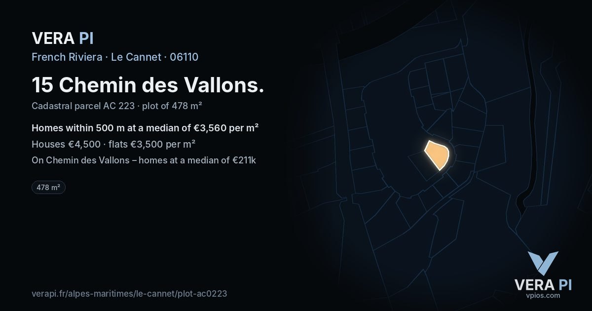 15 Chemin des Vallons, Le Cannet at night – the plot lit, the parcels around coloured by the prices near them