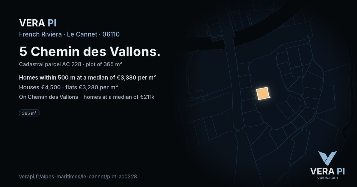 5 Chemin des Vallons, Le Cannet at night – the plot lit, the parcels around coloured by the prices near them