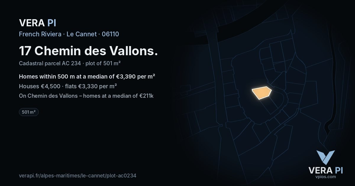 17 Chemin des Vallons, Le Cannet at night – the plot lit, the parcels around coloured by the prices near them