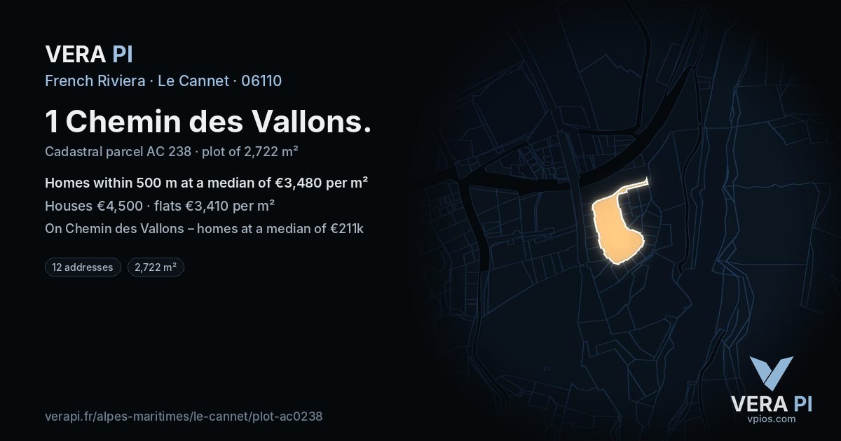 1 Chemin des Vallons, Le Cannet at night – the plot lit, the parcels around coloured by the prices near them