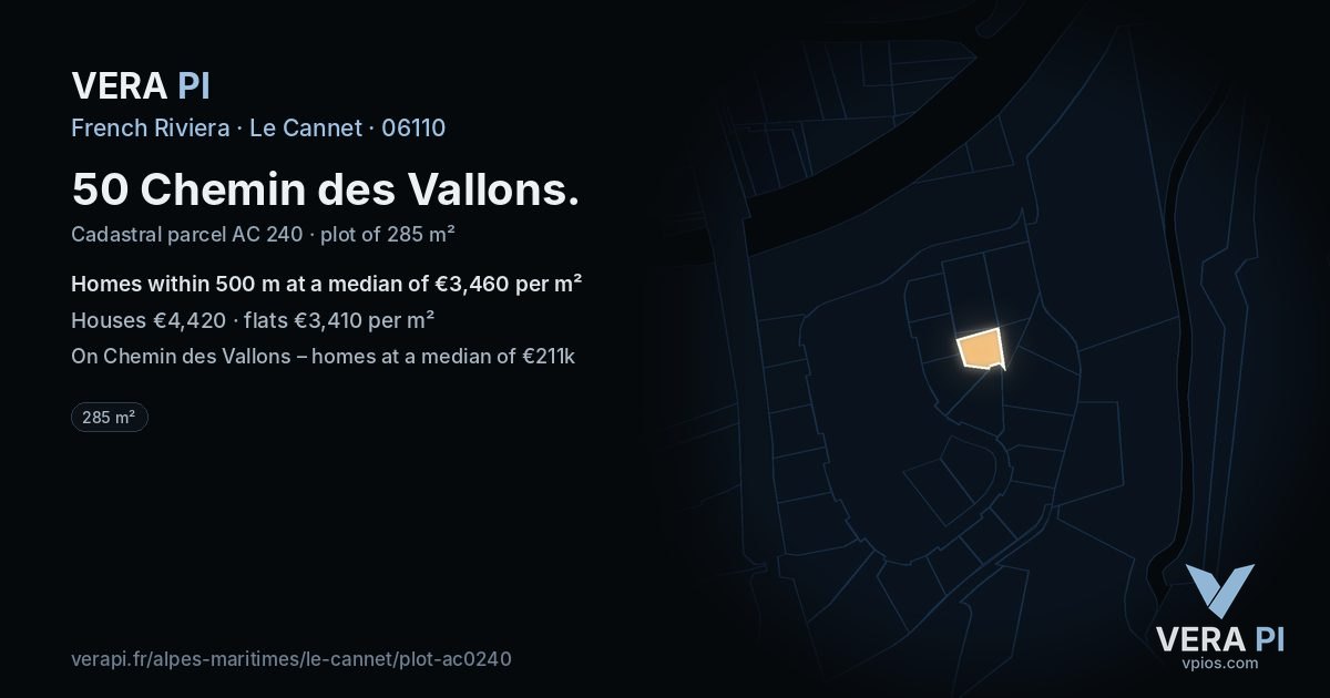 50 Chemin des Vallons, Le Cannet at night – the plot lit, the parcels around coloured by the prices near them