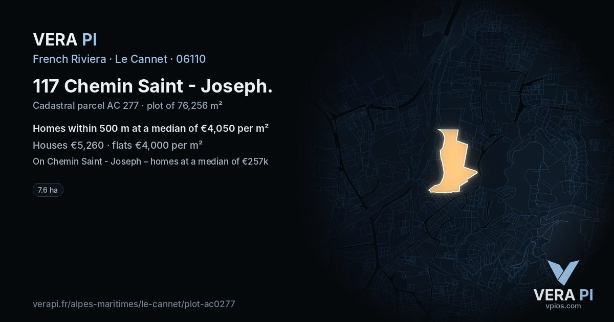 117 Chemin Saint - Joseph, Le Cannet at night – the plot lit, the parcels around coloured by the prices near them