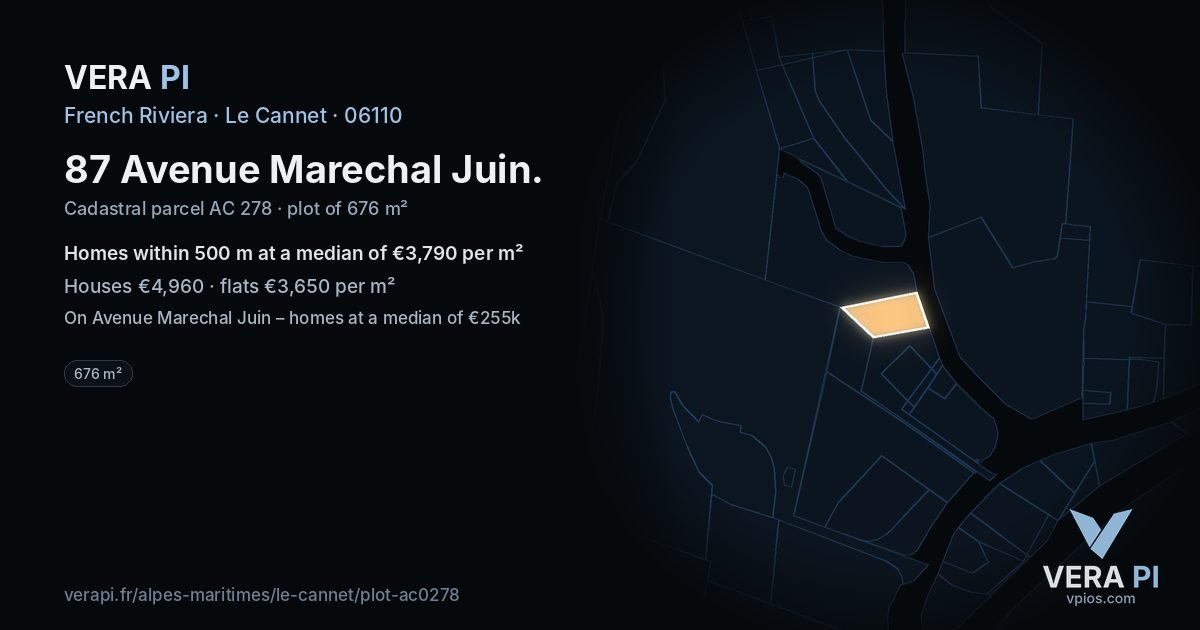 87 Avenue Marechal Juin, Le Cannet at night – the plot lit, the parcels around coloured by the prices near them